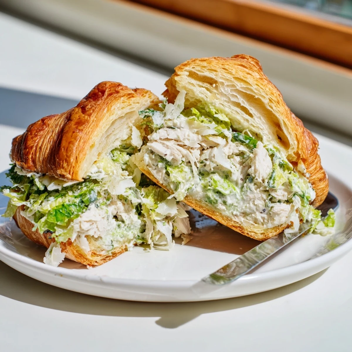 Gourmet Chicken Caesar Salad Croissant Sandwich with shredded chicken and crunchy celery pieces