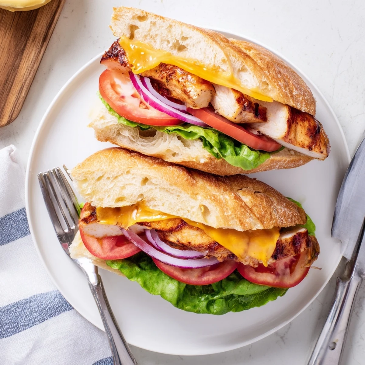 Golden cheesy grilled chicken sandwich stacked with crisp lettuce on toasted bread halves