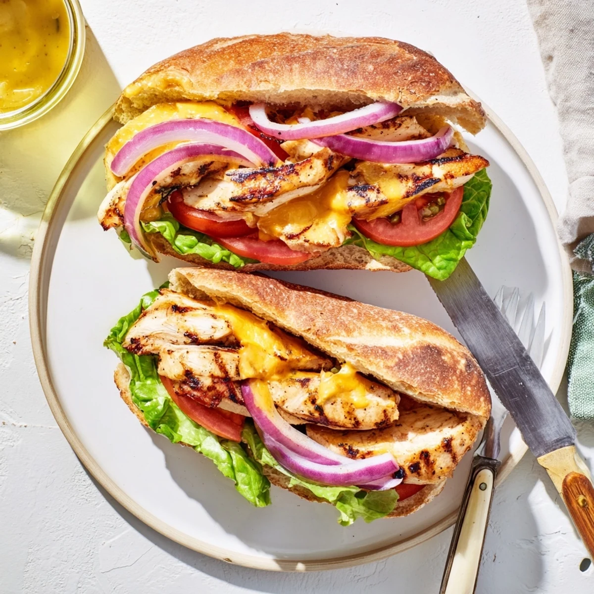 Homemade cheesy grilled chicken sandwich with juicy spiced meat and red onion on ciabatta bun