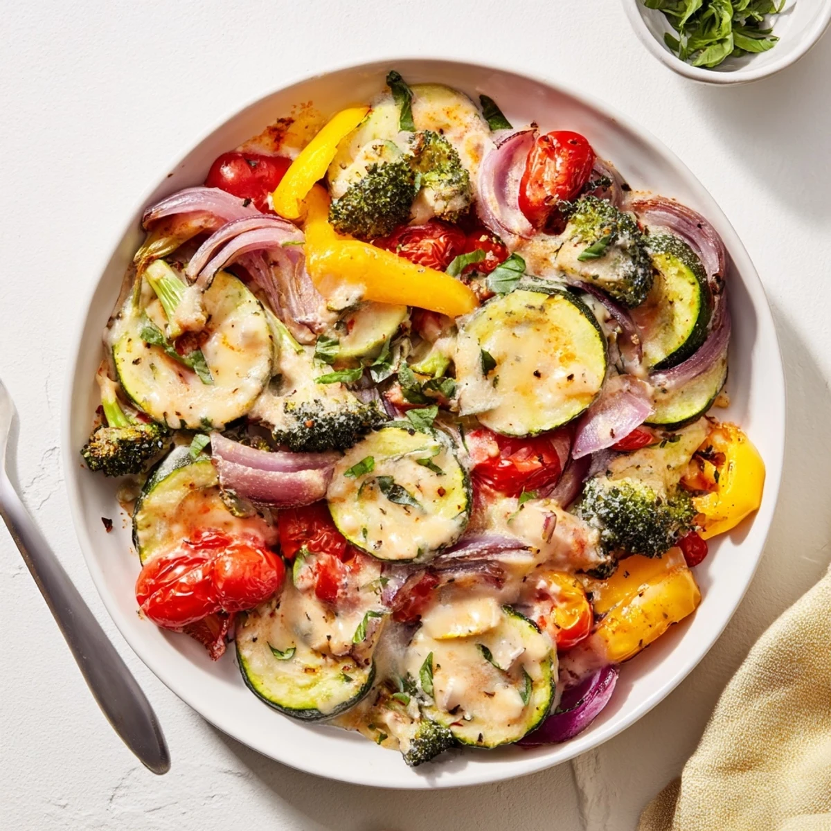 Golden roasted vegetables drizzled with creamy sun-dried tomato sauce and fresh basil garnish