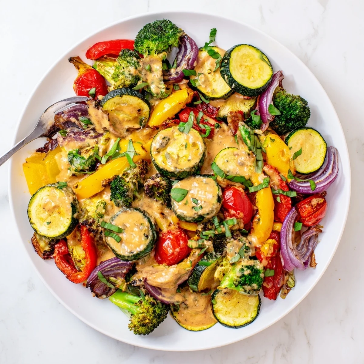 Tender oven-roasted zucchini peppers and broccoli tossed in rich sun-dried tomato cream sauce