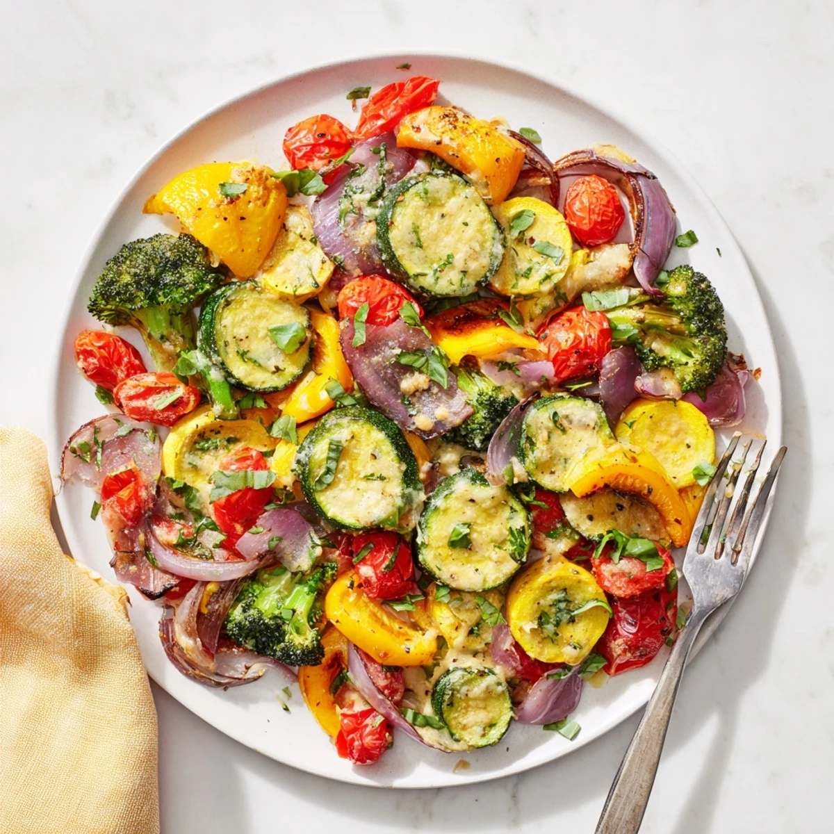 Colorful Marry Me roasted vegetable medley served on white platter with parmesan sauce