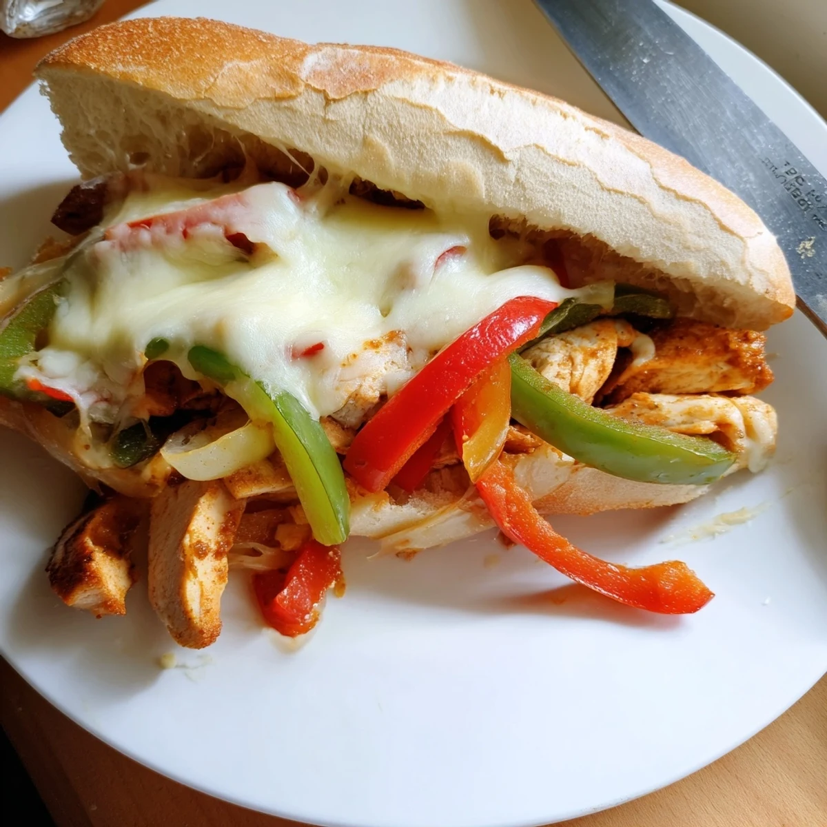 Golden chicken cheesesteak sandwich overflowing with melted provolone and sautéed colorful peppers in toasted hoagie roll