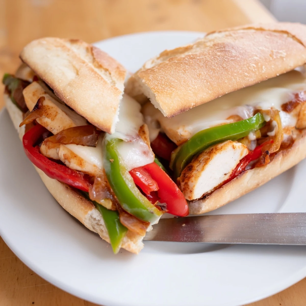 Savory chicken cheesesteak sandwiches piled high with caramelized onions, bell peppers, and gooey melted provolone cheese