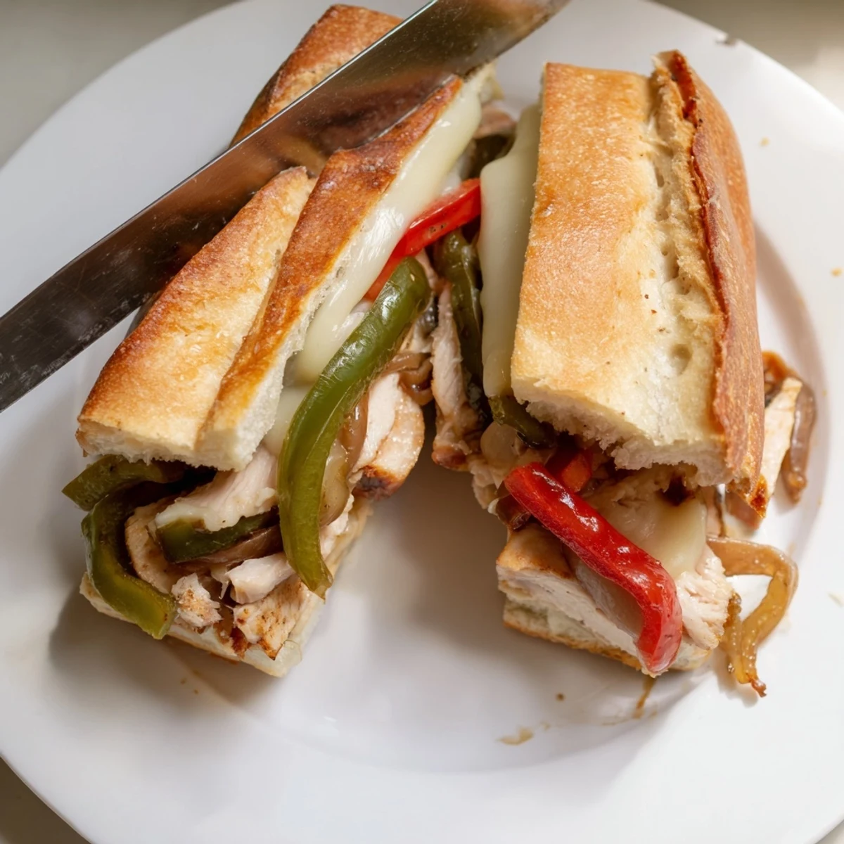 Homemade chicken cheesesteak sandwich featuring tender seasoned chicken strips with vegetables and melted cheese on golden roll
