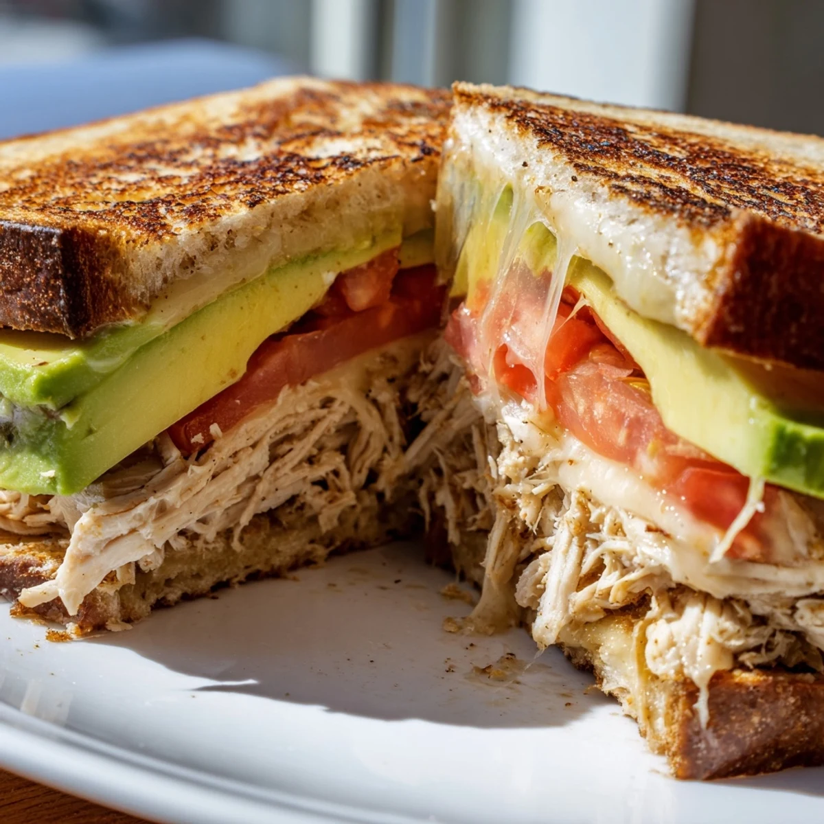 Golden brown chicken avocado melt sandwich with melted cheese and fresh tomato slices on toasted sourdough bread