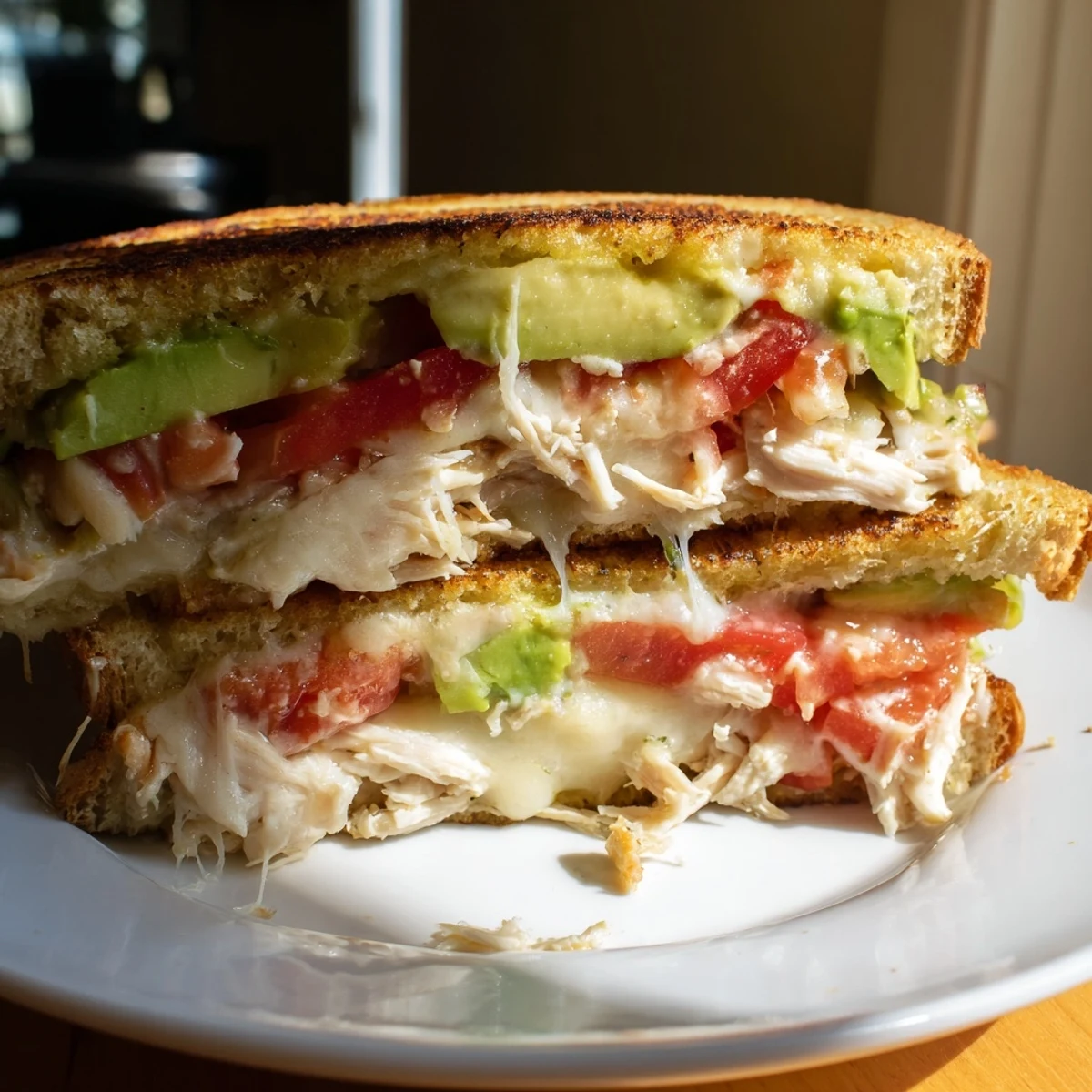 Sliced grilled chicken avocado melt sandwich revealing layers of creamy avocado, melted provolone, and juicy tomato