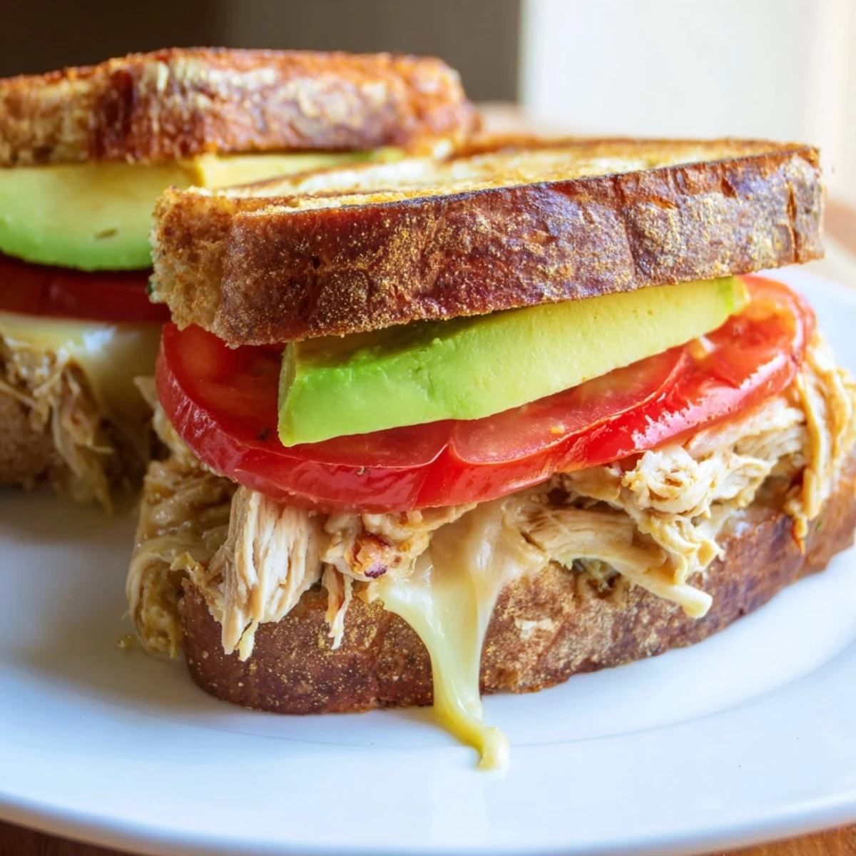 Warm open-faced chicken avocado melt sandwich featuring shredded chicken, ripe avocado slices, and gooey melted cheese