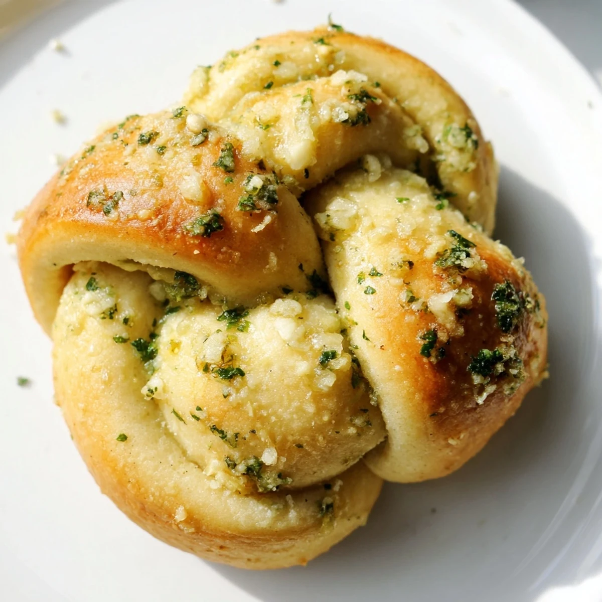 Golden gluten-free garlic knots brushed with herb butter and fresh parsley garnish