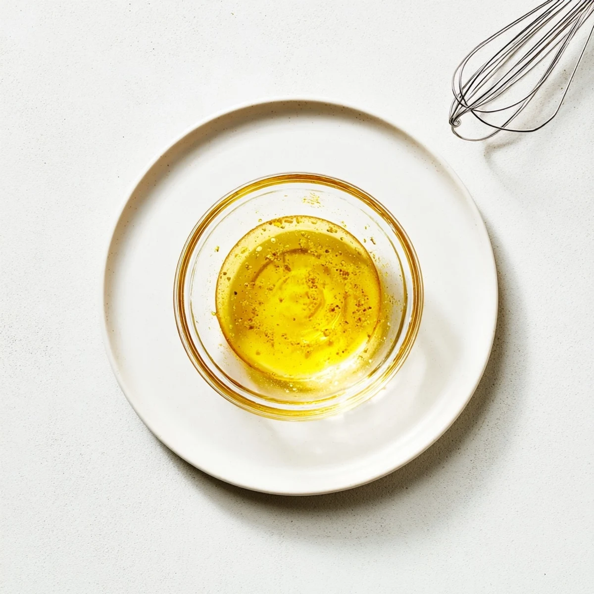 Golden honey lemon vinaigrette drizzled over fresh mixed green salad in white bowl