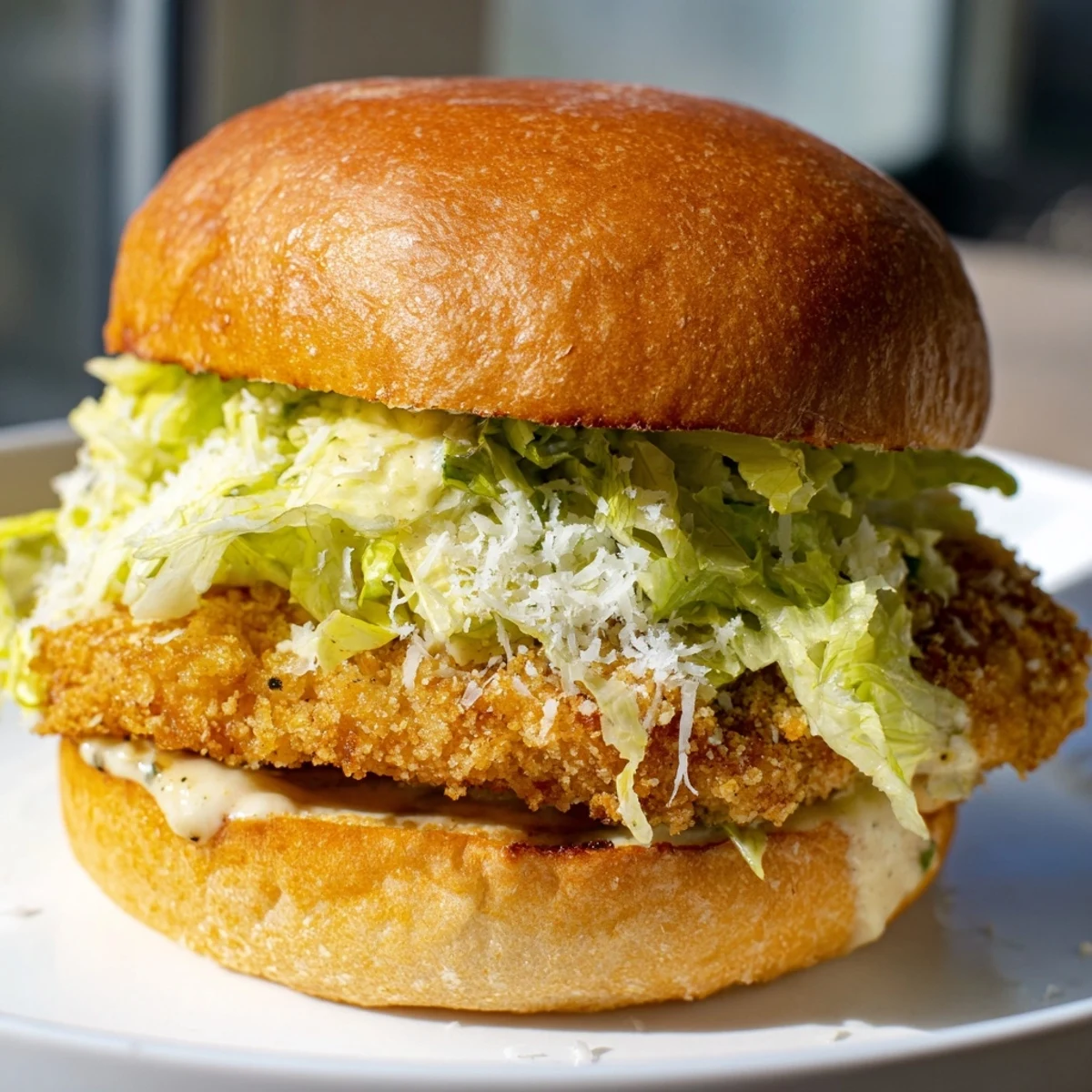 Golden fried chicken breast fillet nestled in toasted bun with crisp romaine lettuce and creamy Caesar dressing