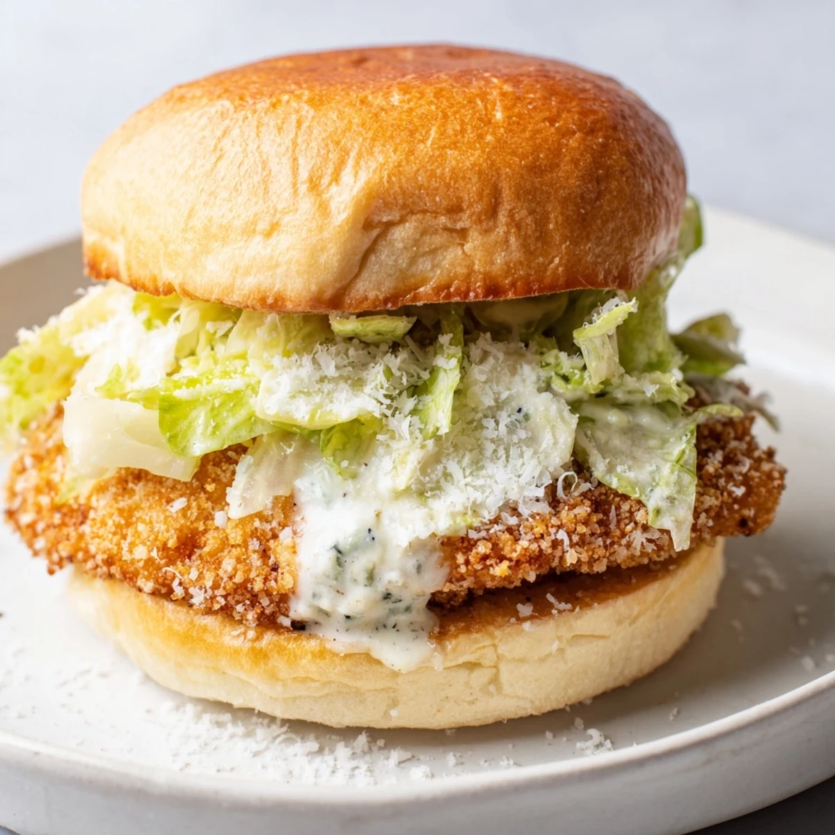 Crispy chicken Caesar sandwich stacked with crunchy panko coated chicken fresh lettuce and shaved Parmesan cheese
