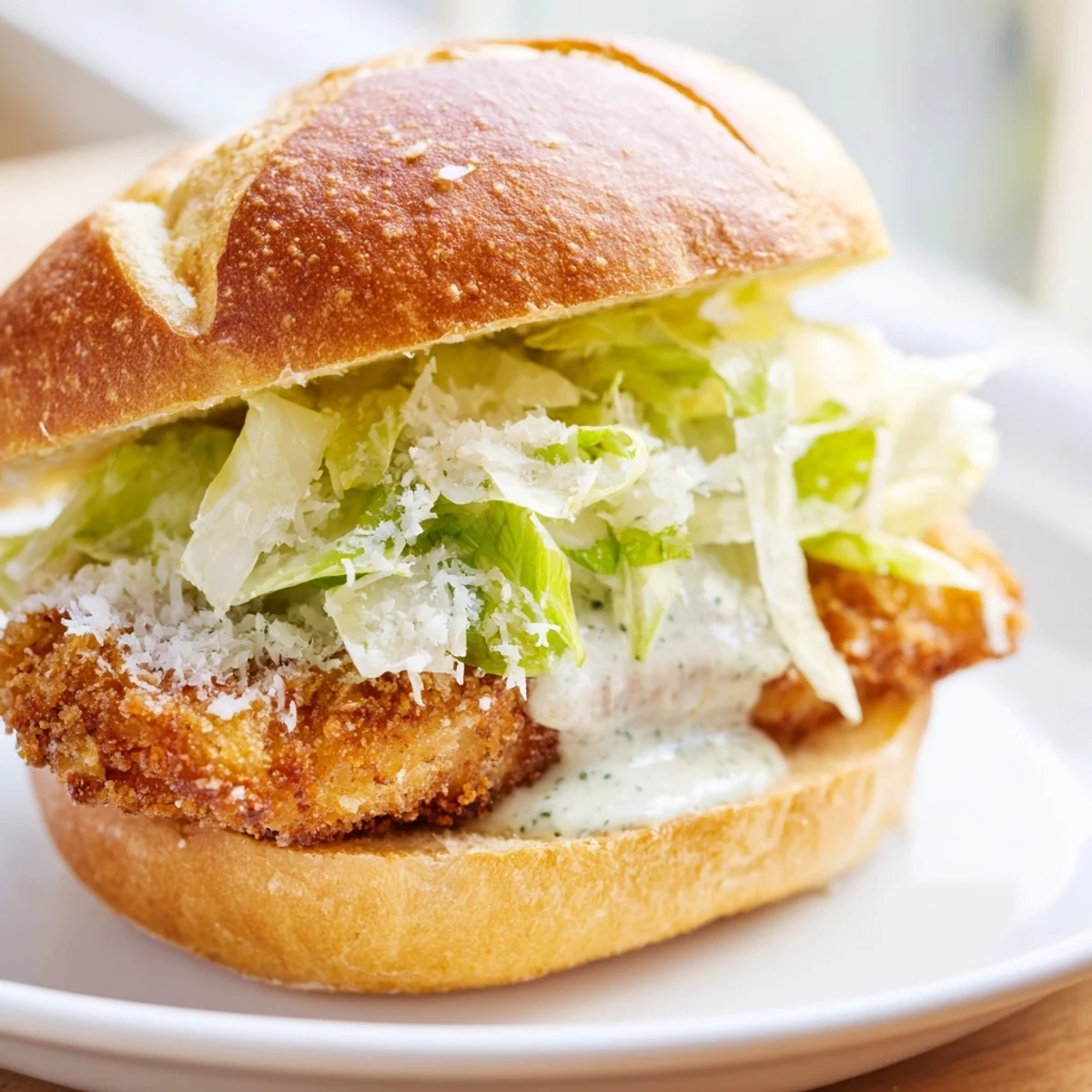 Toasted brioche bun overflowing with golden brown fried chicken lettuce and tangy Caesar dressing topping