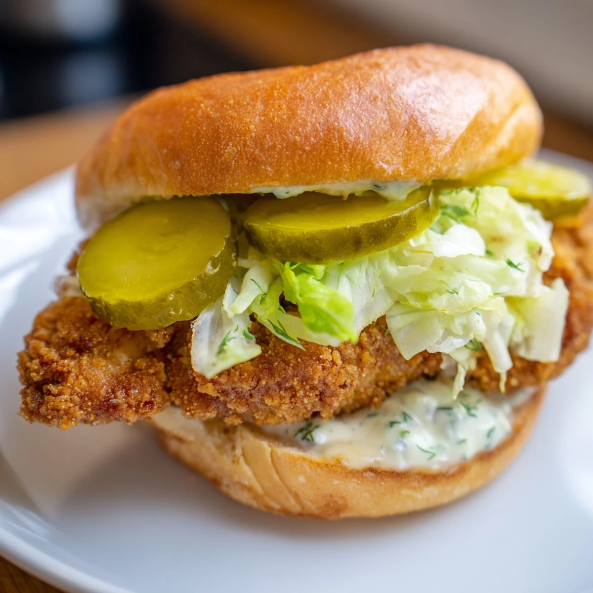 Golden crispy dill chicken sandwich topped with tangy pickles on toasted brioche bun