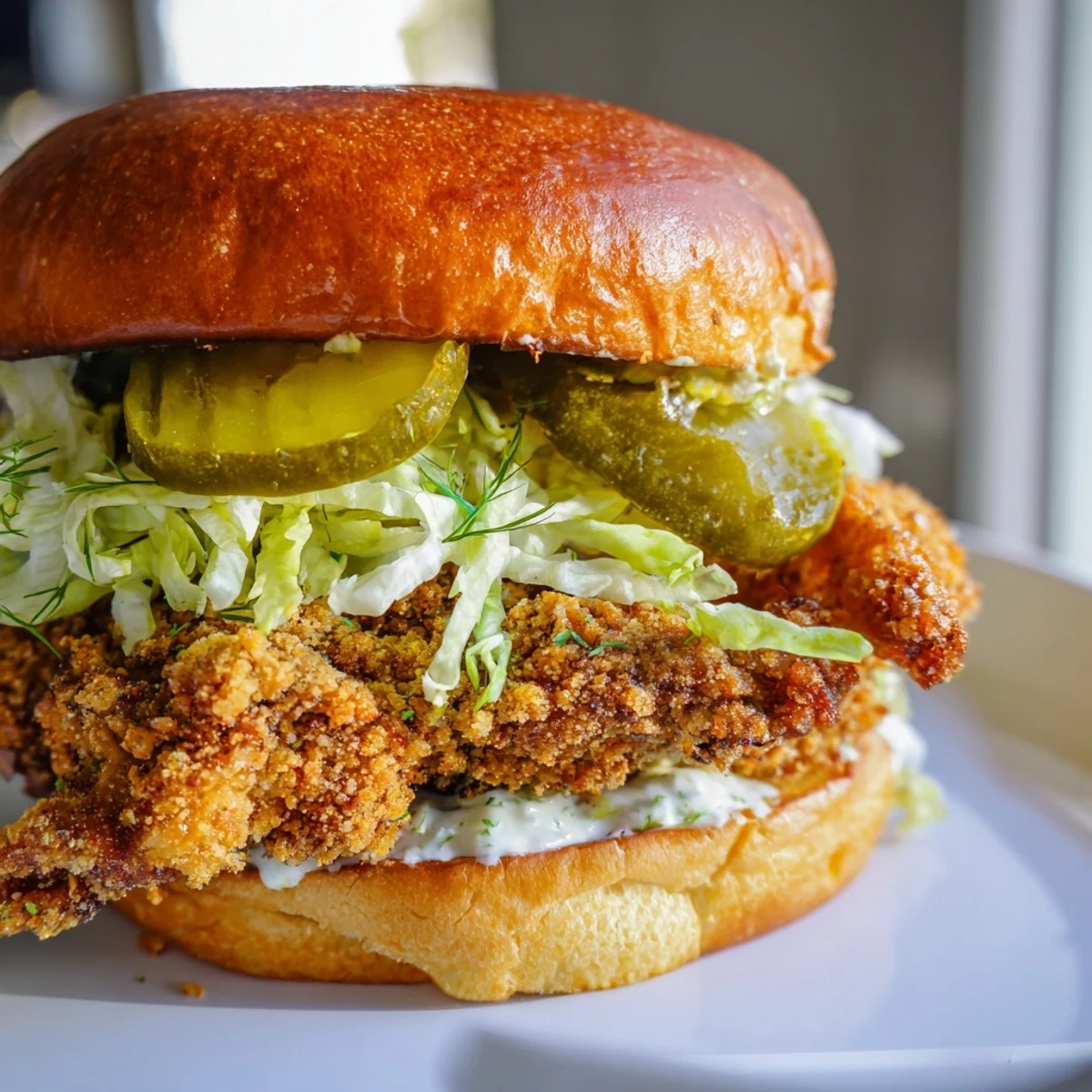 Homemade crispy dill chicken sandwich featuring crunchy fried fillet with creamy dill mayo and fresh lettuce