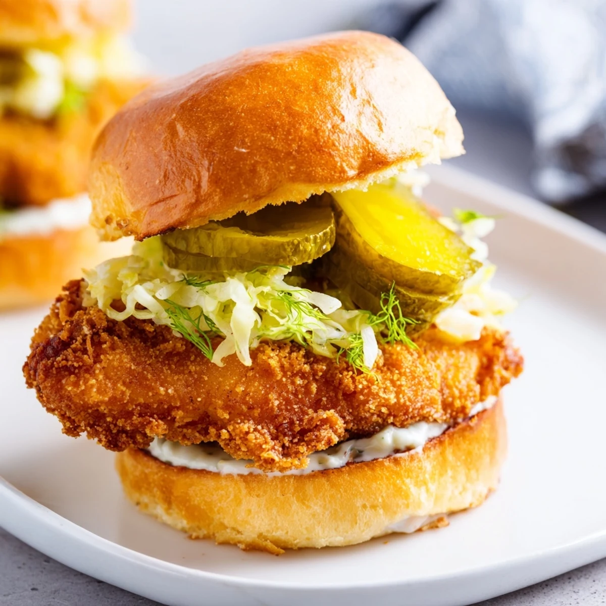 Golden brown crispy dill chicken sandwich layered with pickles and served on soft brioche bread