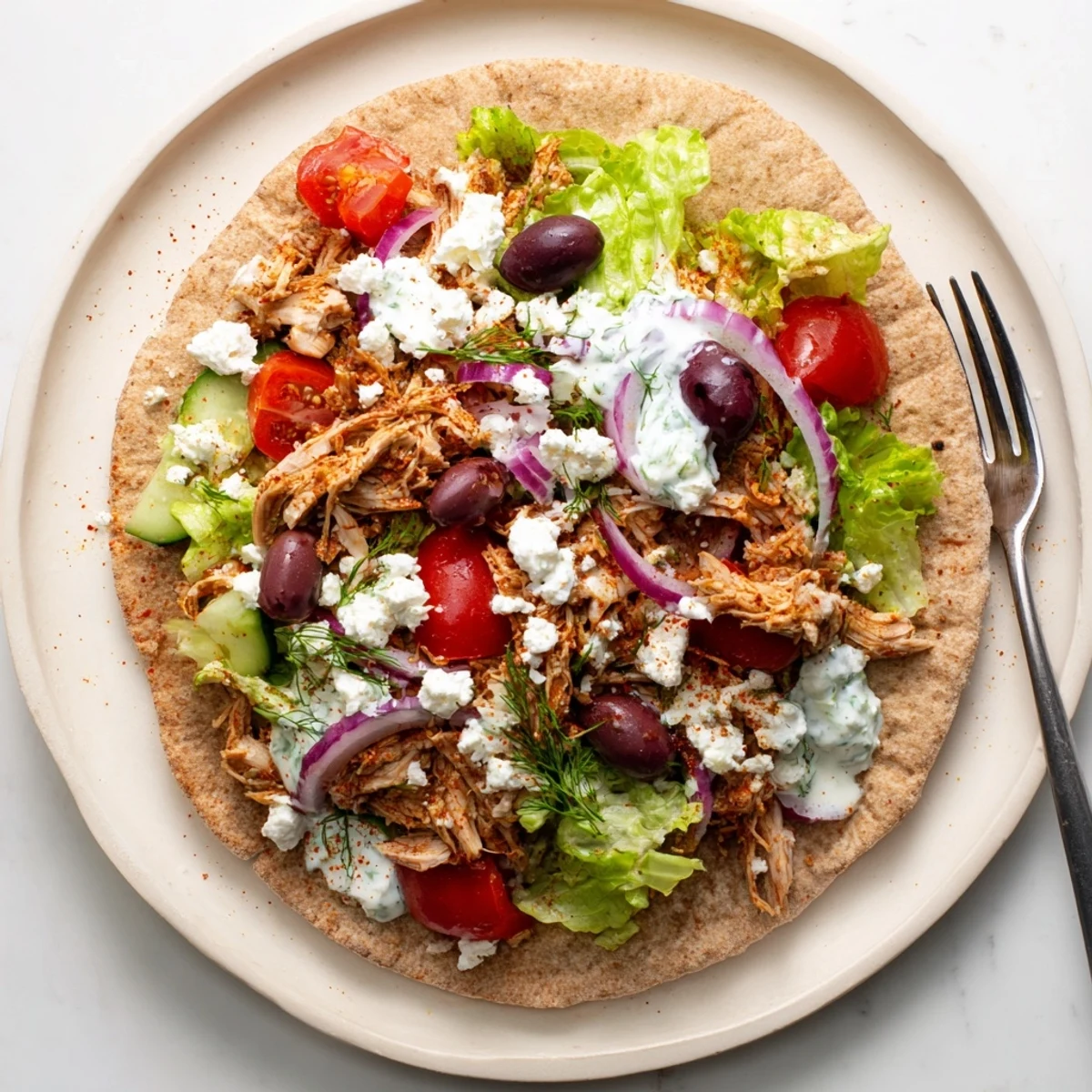 Mediterranean-style Crockpot Greek chicken pitas drizzled with creamy tzatziki sauce and crumbled feta cheese