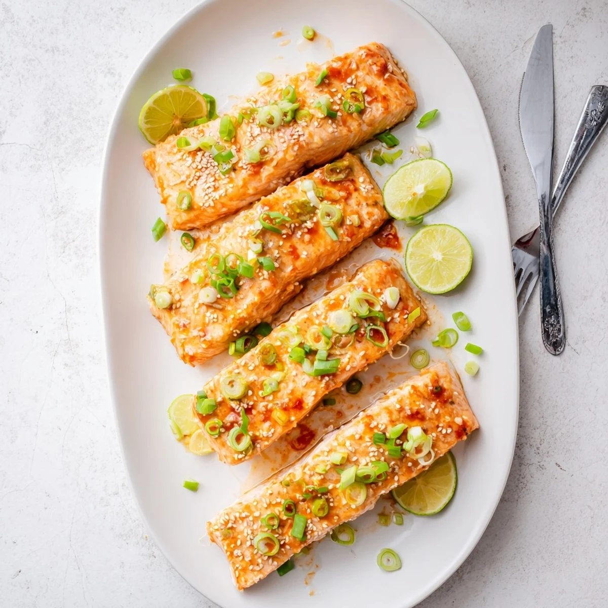 Flaky oven-roasted Bang Bang salmon drizzled with sweet chili mayonnaise sauce and sprinkled with toasted sesame seeds