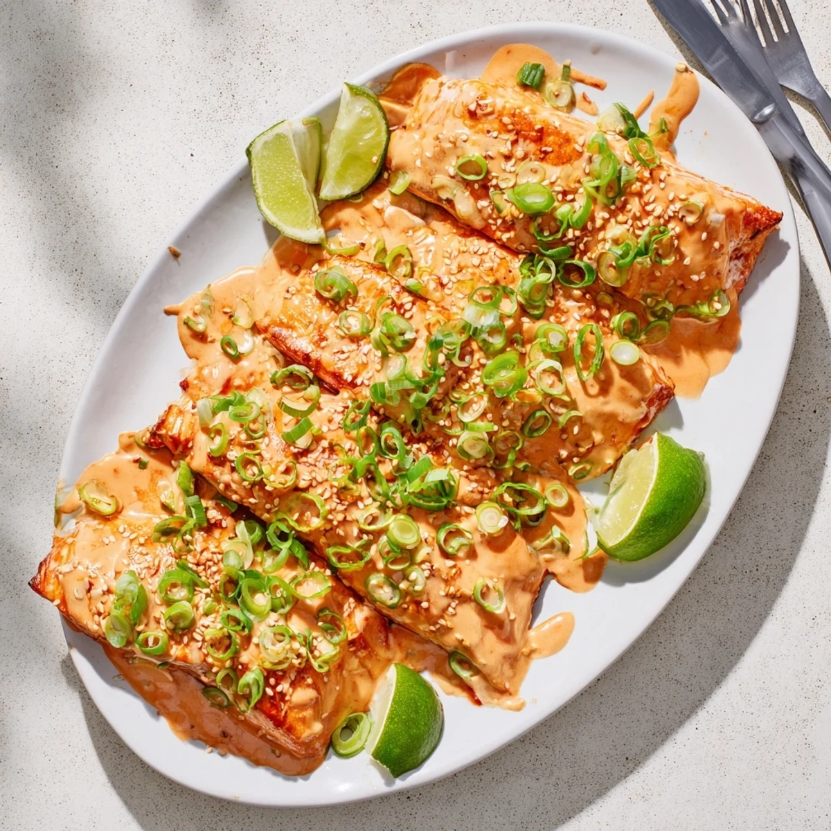 Golden baked Bang Bang salmon fillets glazed with creamy spicy red sauce and topped with fresh green onion slices