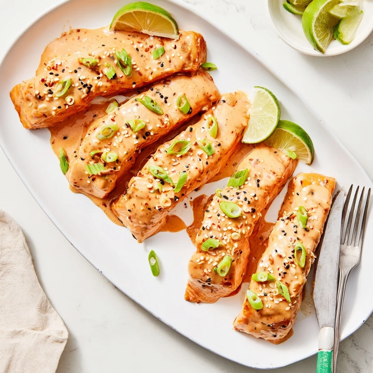 Tender pink Bang Bang salmon pieces coated in thick white spicy sauce served on a white plate