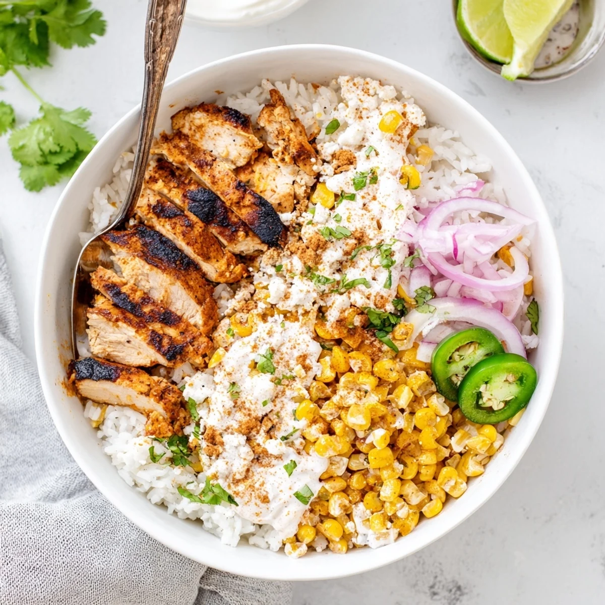 Golden grilled chicken slices atop fluffy rice topped with creamy street corn mixture and crumbled cotija cheese