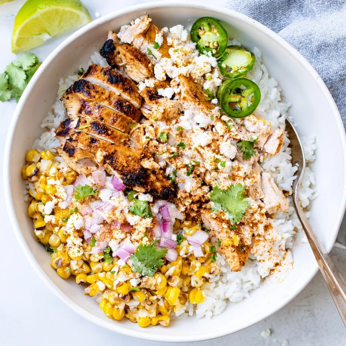 Colorful bowl piled with sliced grilled chicken Mexican street corn topping red onion and fresh cilantro garnish
