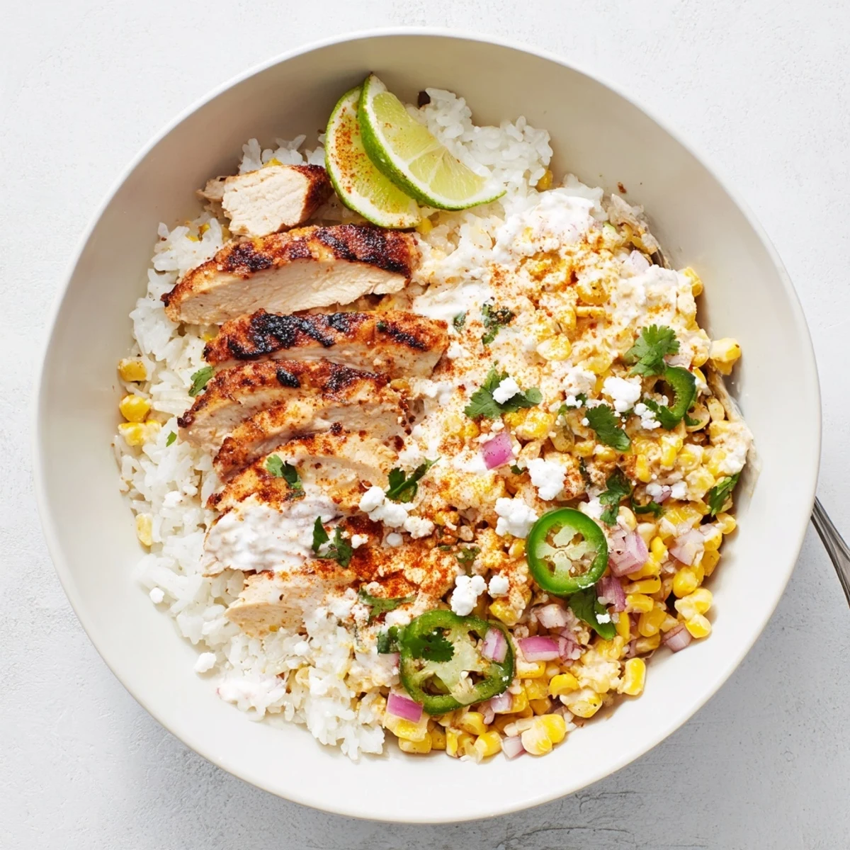 Vibrant Easy Street Corn Chicken Bowl featuring spiced juicy chicken charred sweet corn and zesty lime crema
