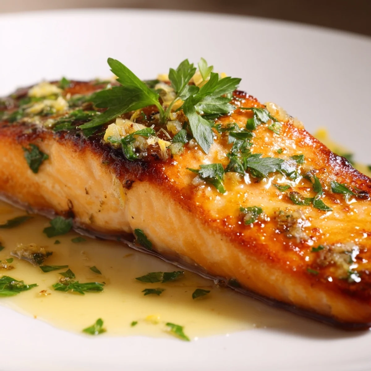 Golden pan-seared salmon drizzled with zesty lemon butter sauce alongside crispy roasted potatoes and tender green broccoli florets on a white dinner plate
