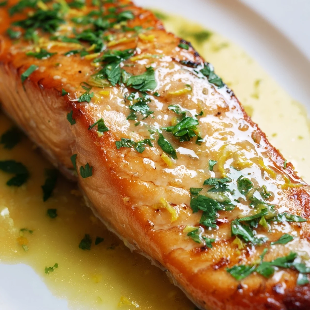 Succulent salmon glazed in bright lemon butter sauce served over a bed of crispy spiced potatoes and steamed broccoli garnished with fresh parsley