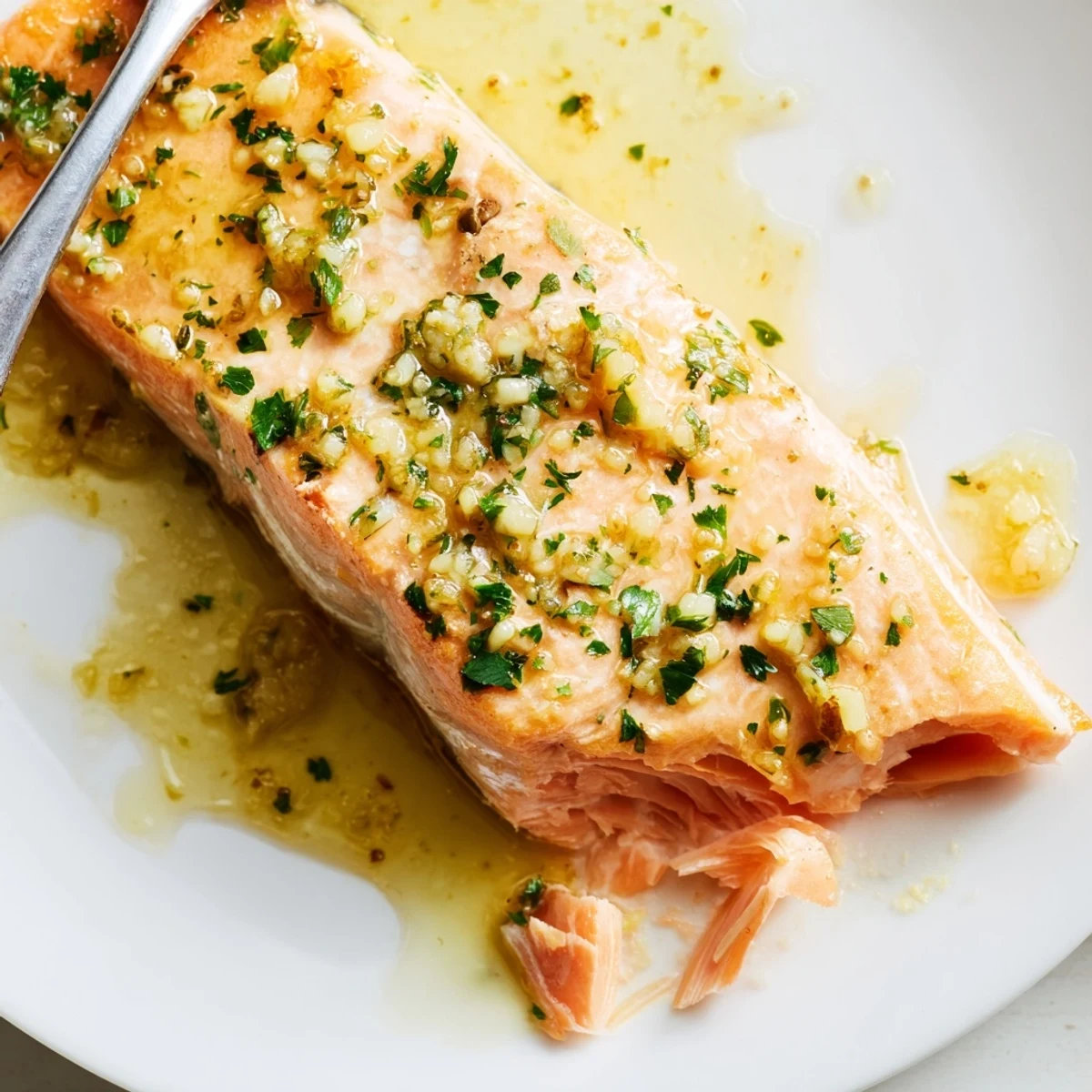 Golden baked garlic butter salmon fillet garnished with fresh parsley and lemon slices