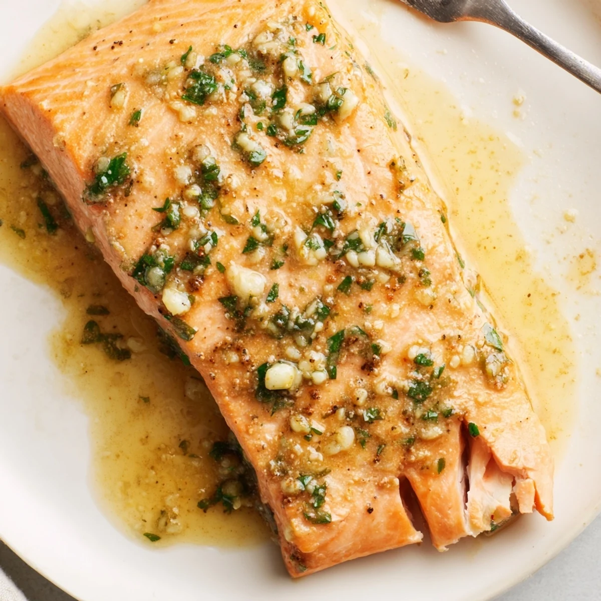 Flaky salmon baked in rich lemon garlic butter with fresh herbs and lemon wedges