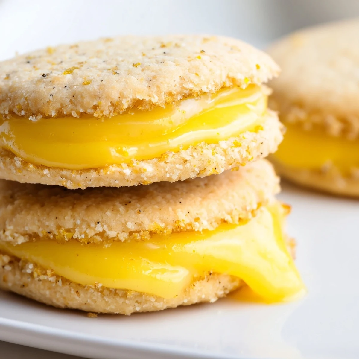 Close-up of vegan lemon sandwich cookies featuring creamy curd between crisp buttery cookies.