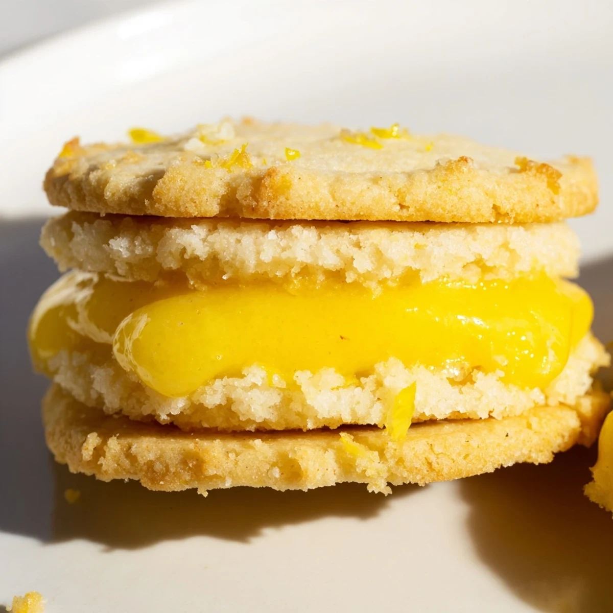 Two golden lemon sandwich cookies filled with vibrant yellow lemon curd on a white plate.