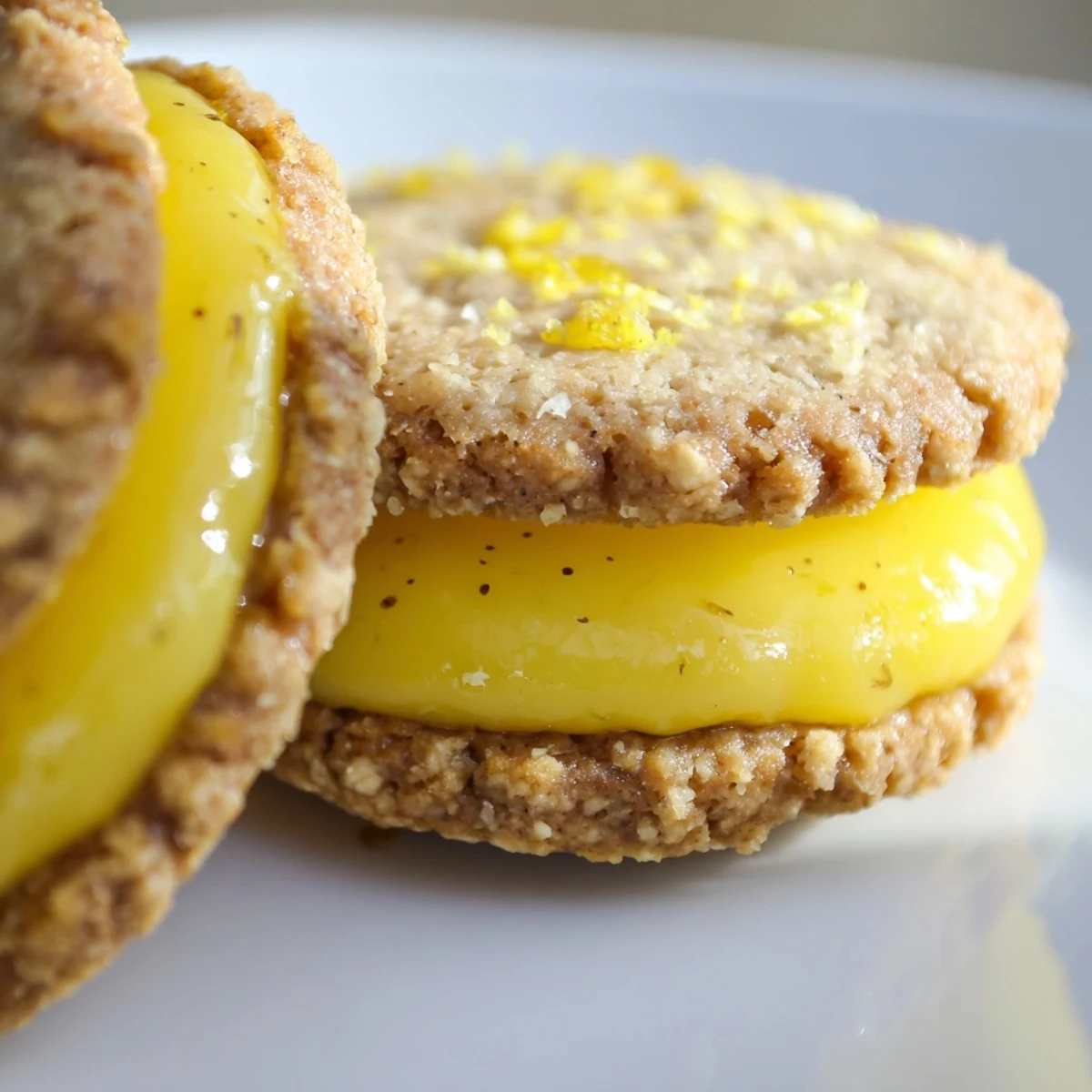 Bright lemon sandwich cookies stacked together with tangy curd peeking from the sides.