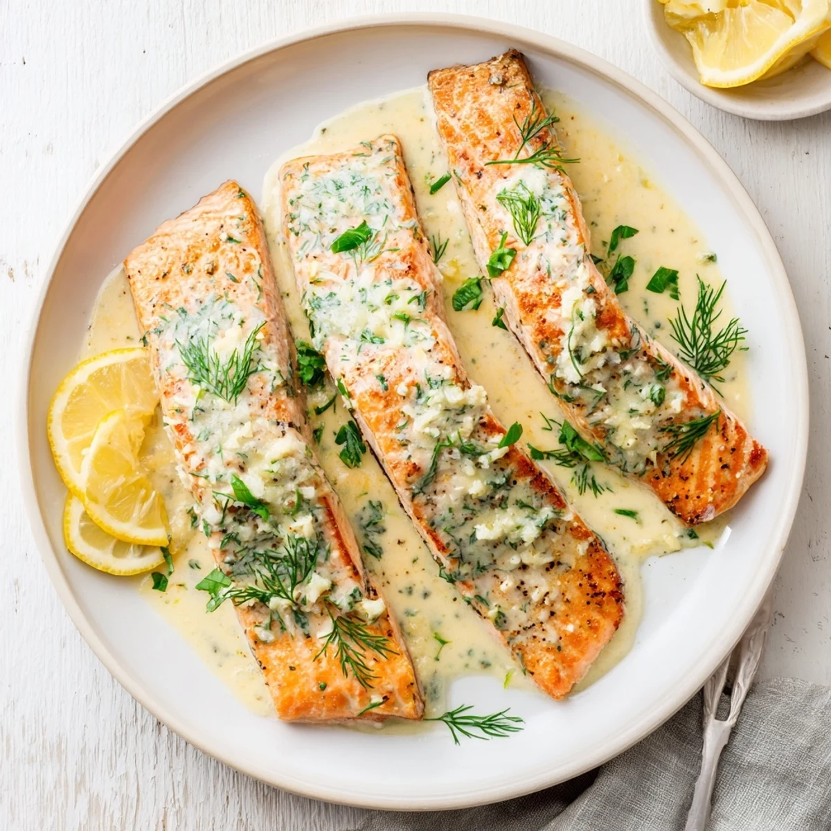 Moist oven-baked salmon drizzled with luscious cream garlic butter sauce and dill sprinkles