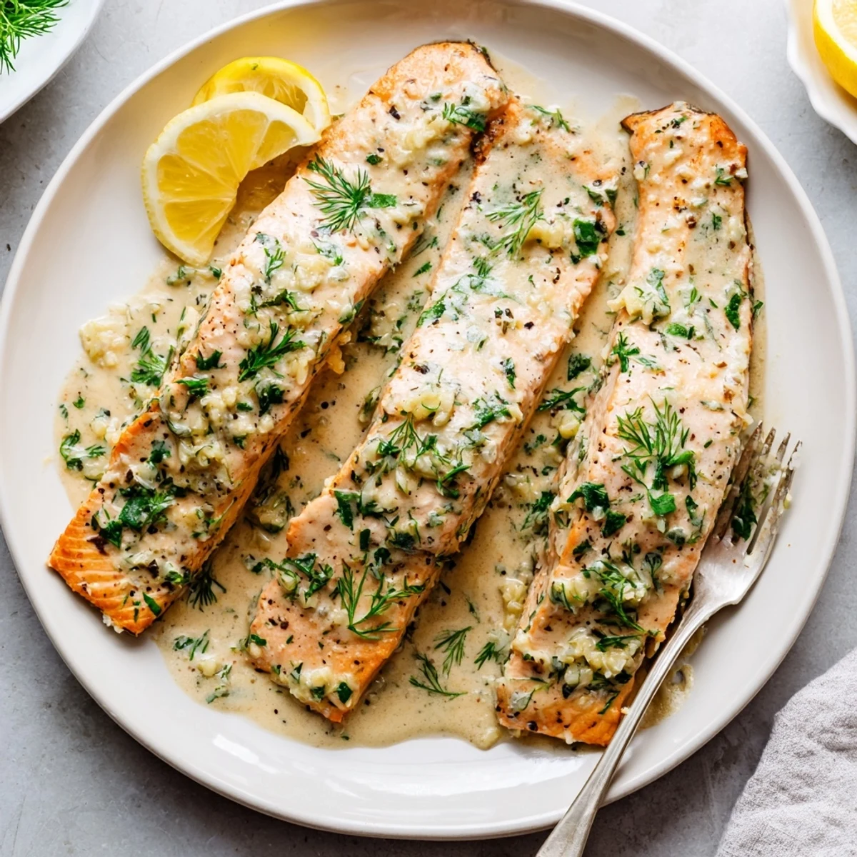 Succulent salmon pieces topped with velvety white garlic butter sauce and chopped parsley garnish