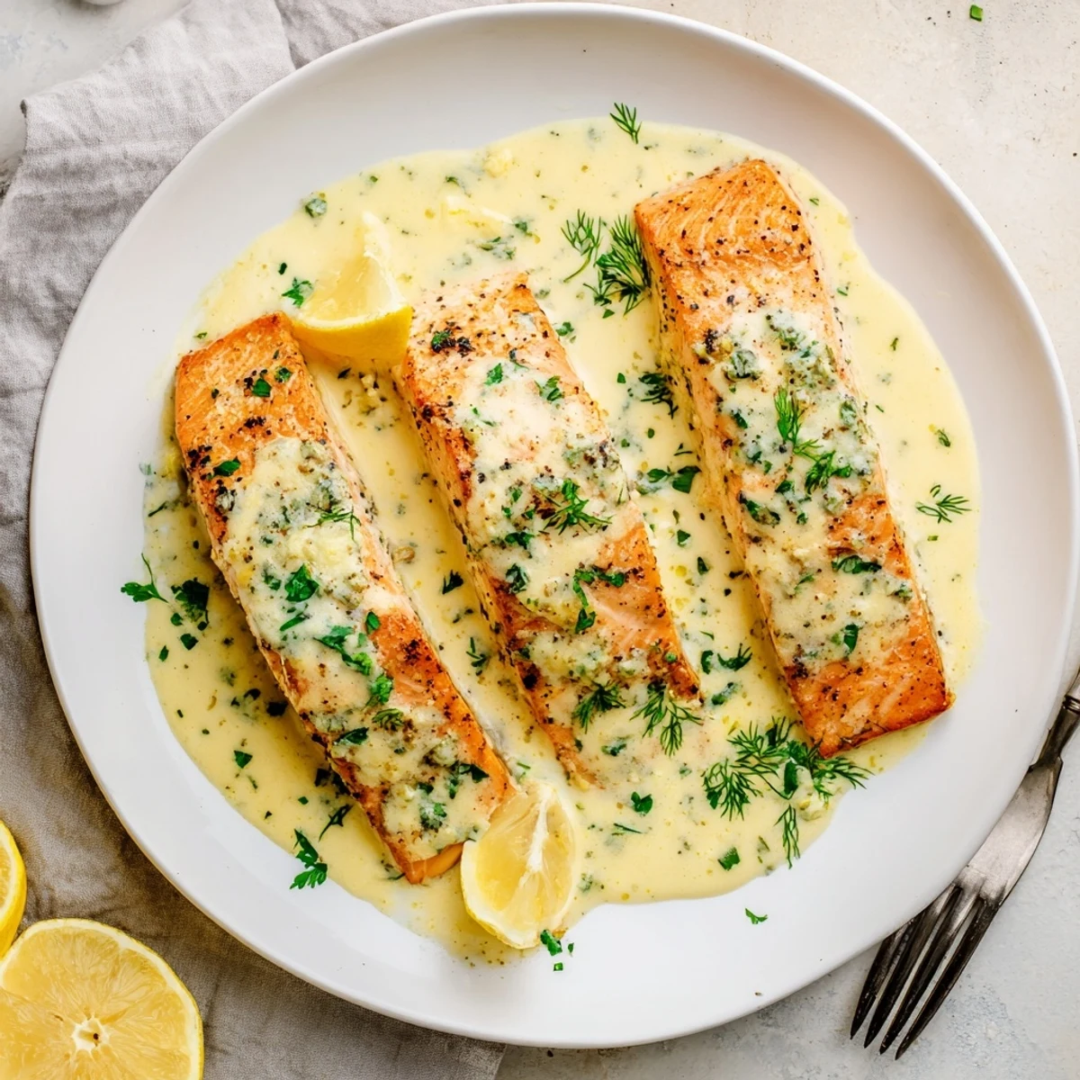 Golden pan-seared salmon fillets swimming in a rich creamy garlic butter sauce with fresh herbs