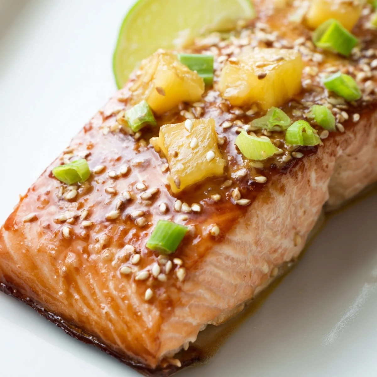 Golden brown pineapple glazed salmon fillets drizzled with shiny sweet tangy glaze