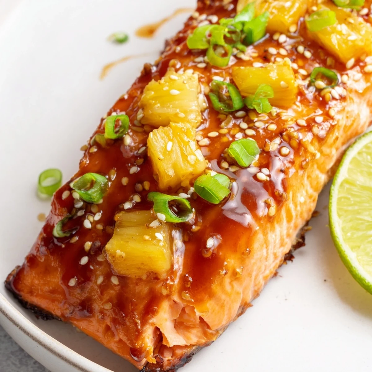 Baked pineapple glazed salmon with caramelized edges garnished with green onions and sesame seeds