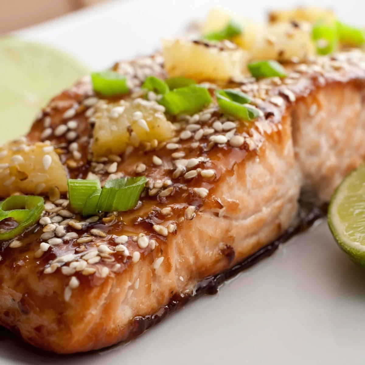 Oven roasted pineapple glazed salmon served on white plate with extra sticky glaze