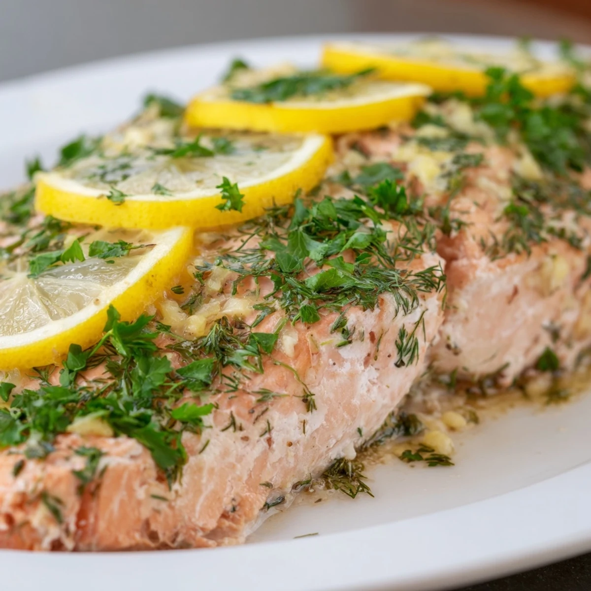 Golden baked salmon fillet topped with fresh herbs and lemon slices on a white plate
