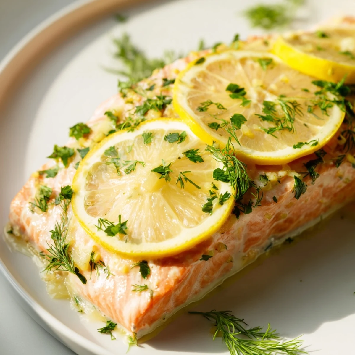 Moist oven-baked salmon seasoned with garlic, dill, and parsley garnished with fresh lemon rounds