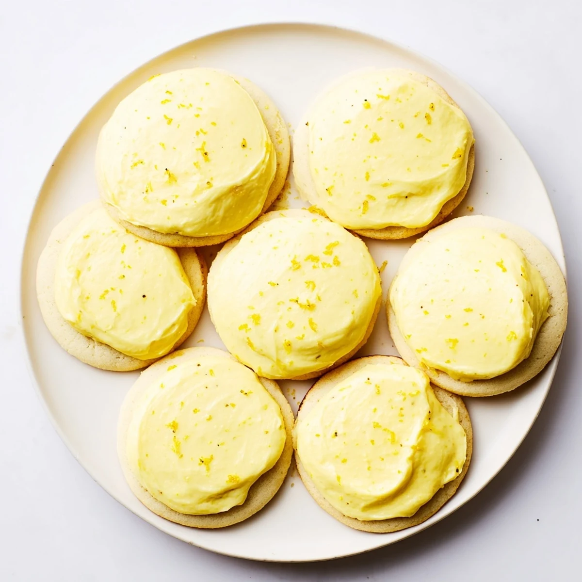 Buttery lemon cookies topped with creamy lemon frosting and fresh lemon zest garnish