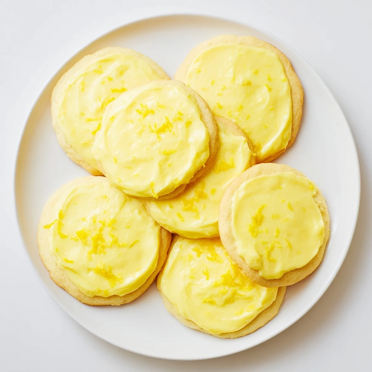 Soft lemon frosted cookies drizzled with tangy white glaze on a white plate