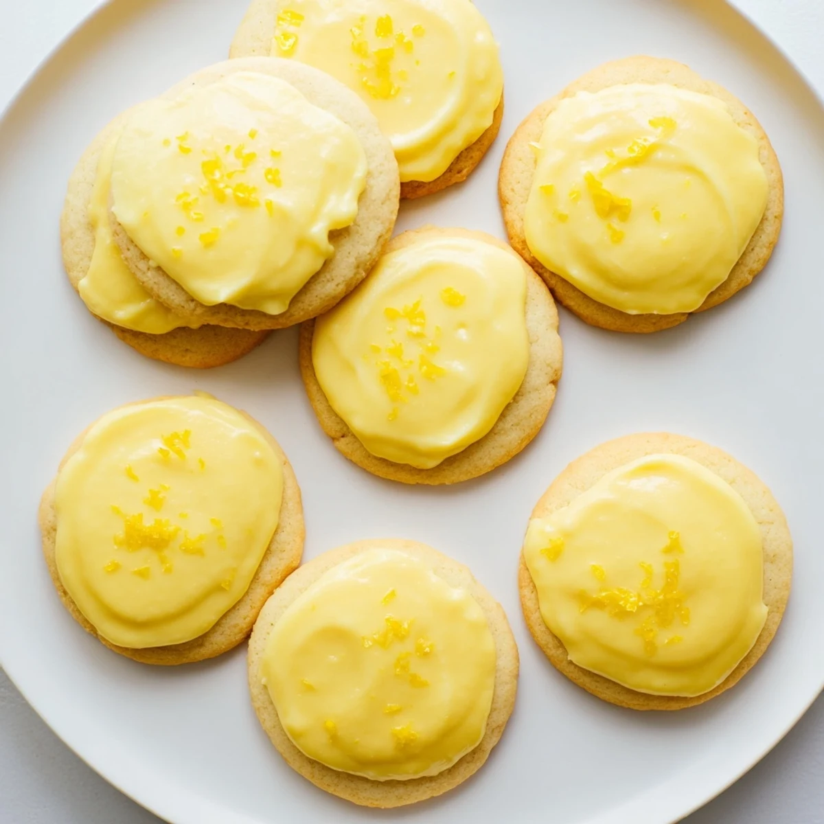 Golden lemon glazed cookies stacked on a cooling rack with sweet white frosting dripping down sides
