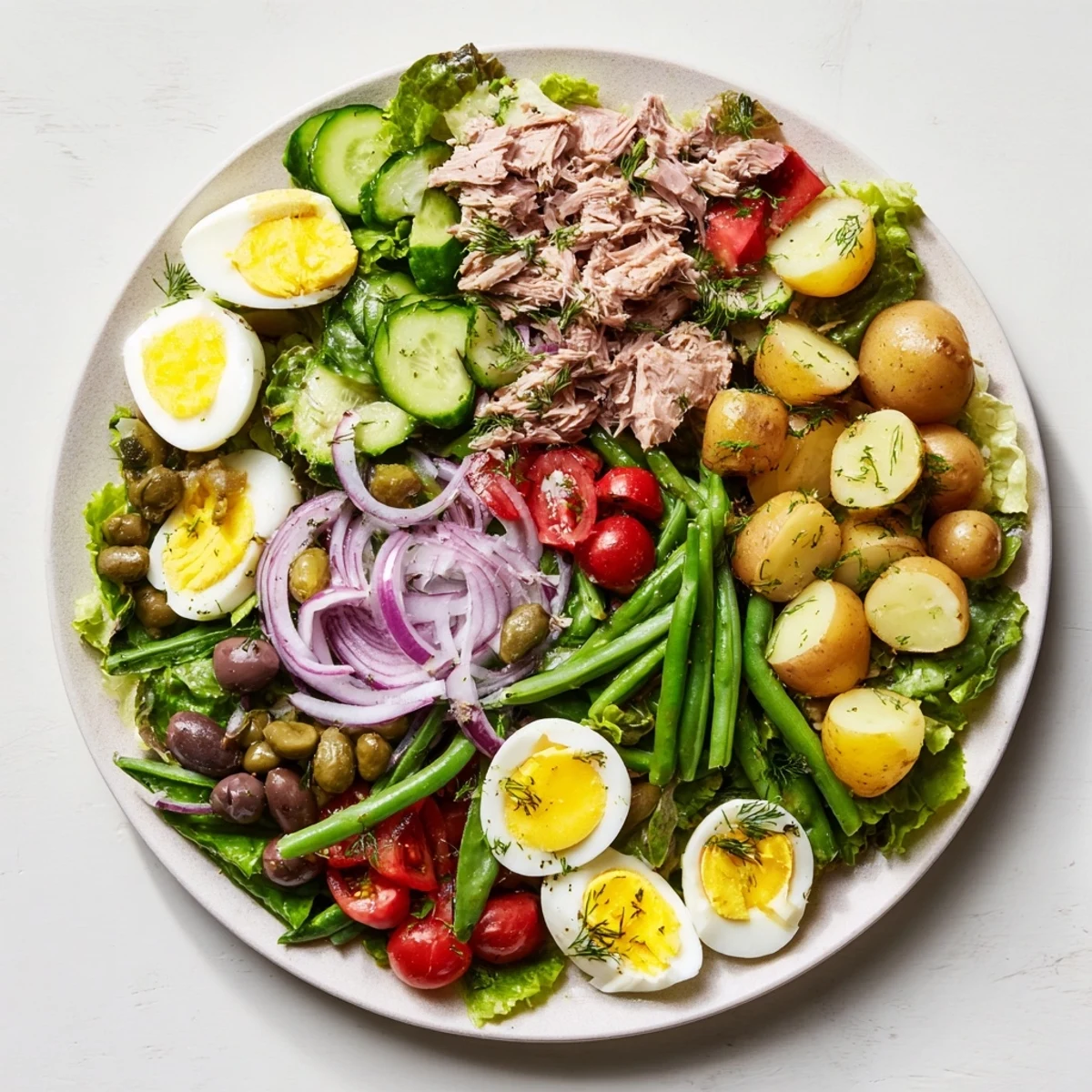 Vibrant Classic Niçoise Salad platter with tuna, eggs, olives, crisp vegetables, and tangy vinaigrette