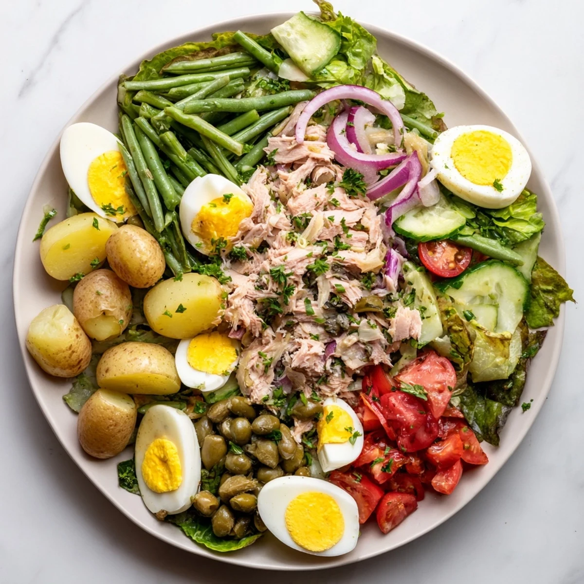 Colorful French Classic Niçoise Salad arranged on a serving platter with fresh ingredients