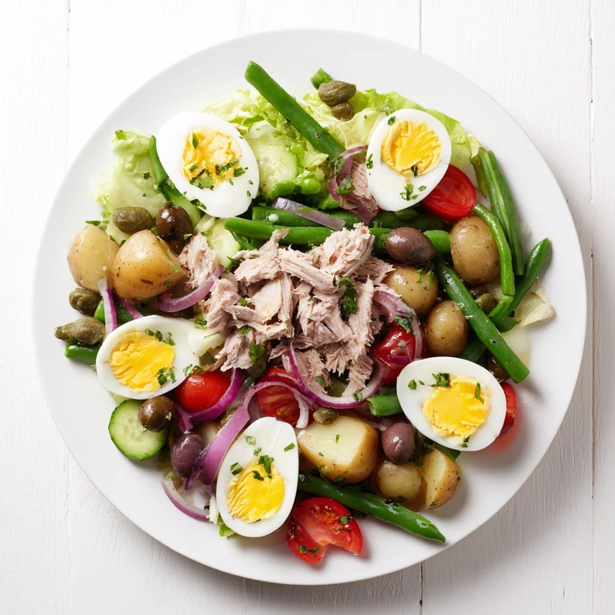 Traditional Classic Niçoise Salad topped with tender tuna, boiled eggs, and bright seasonal vegetables