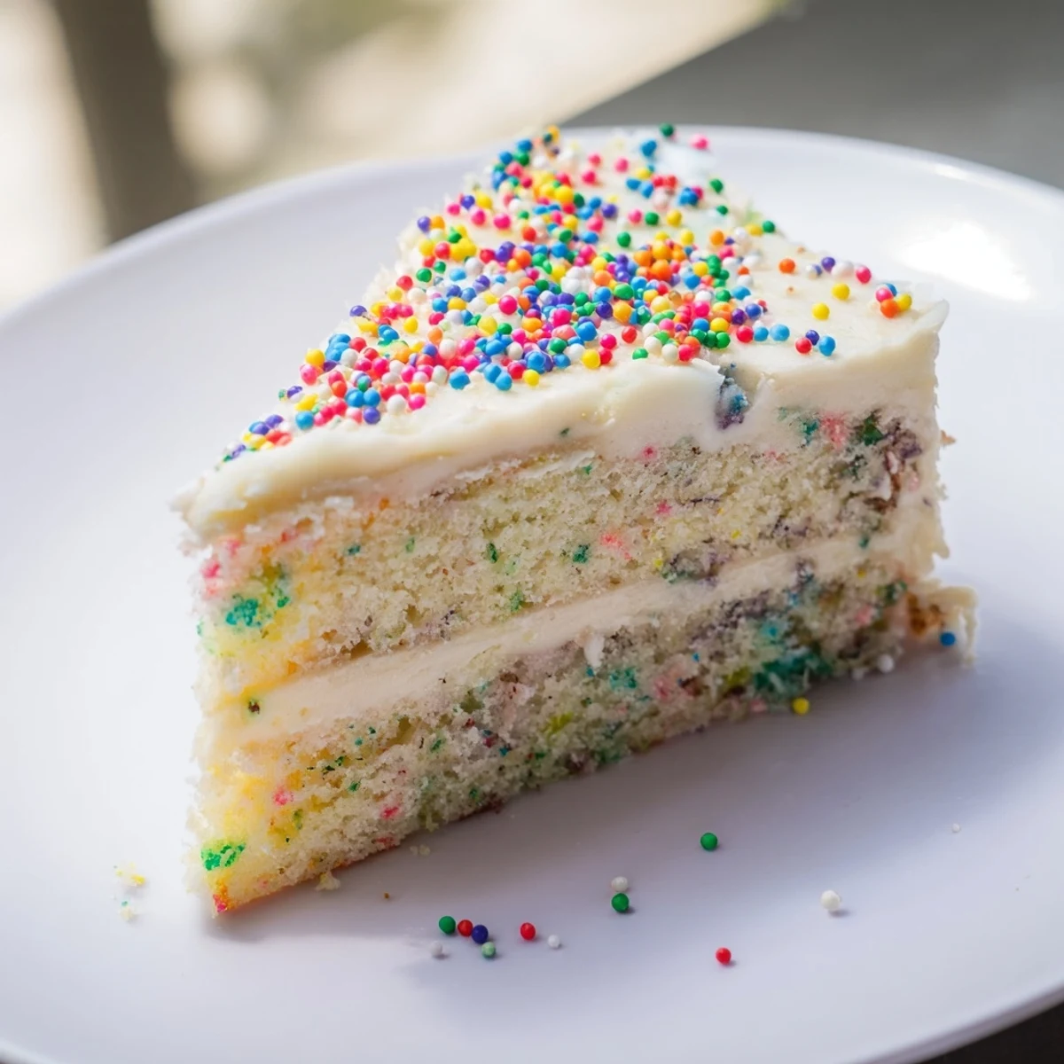 Homemade big batch confetti cake with rainbow sprinkles baked through fluffy vanilla layers