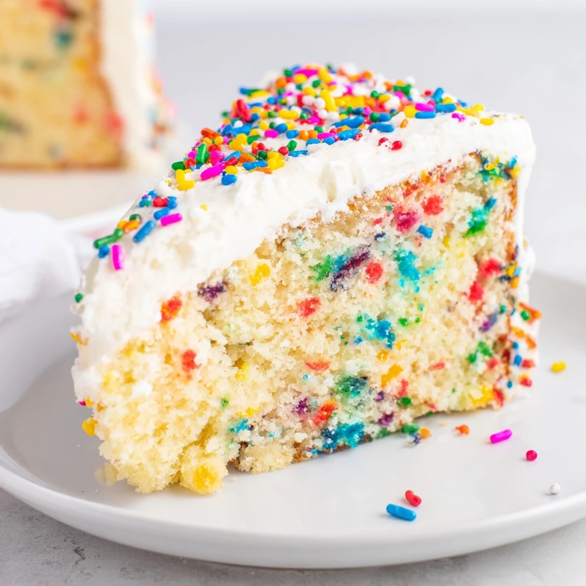 Thick buttercream frosting spread generously over a big batch confetti cake with colorful decorations